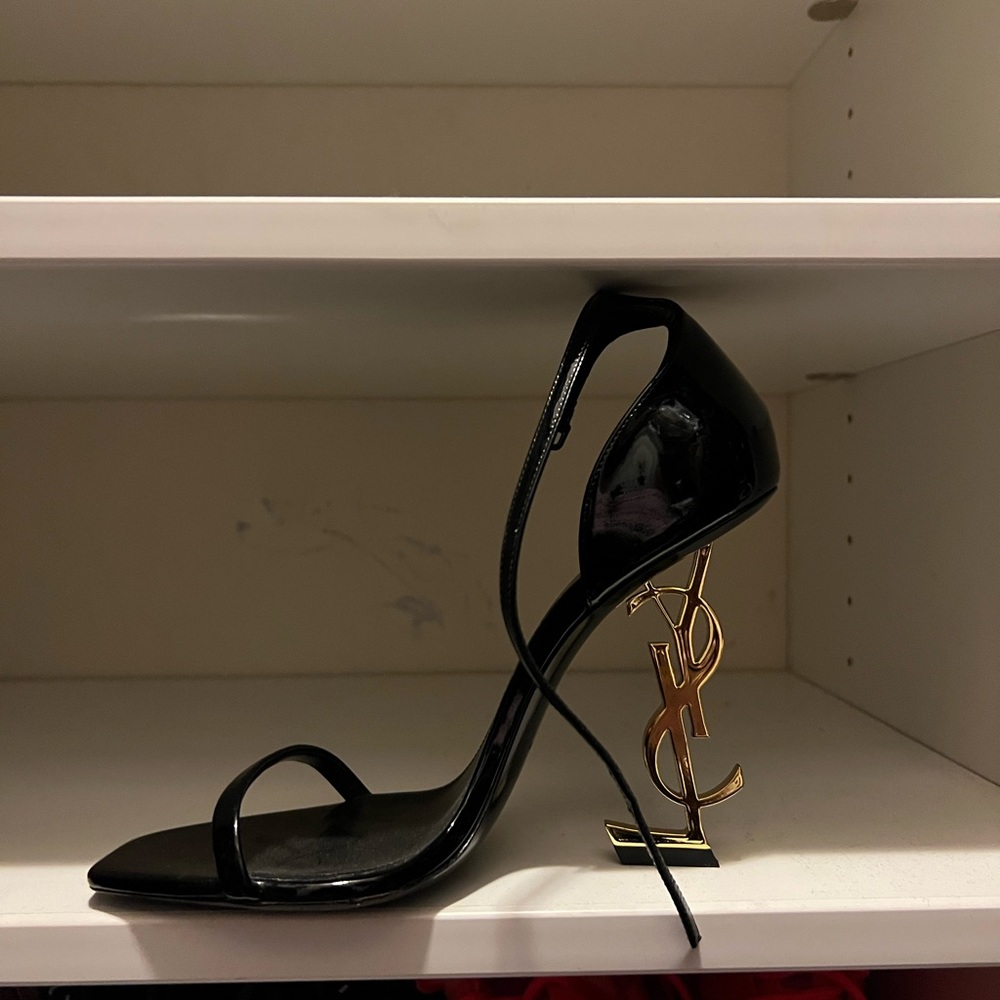 Opyum YSL Logo-Heel Sandals with Golden Hardware